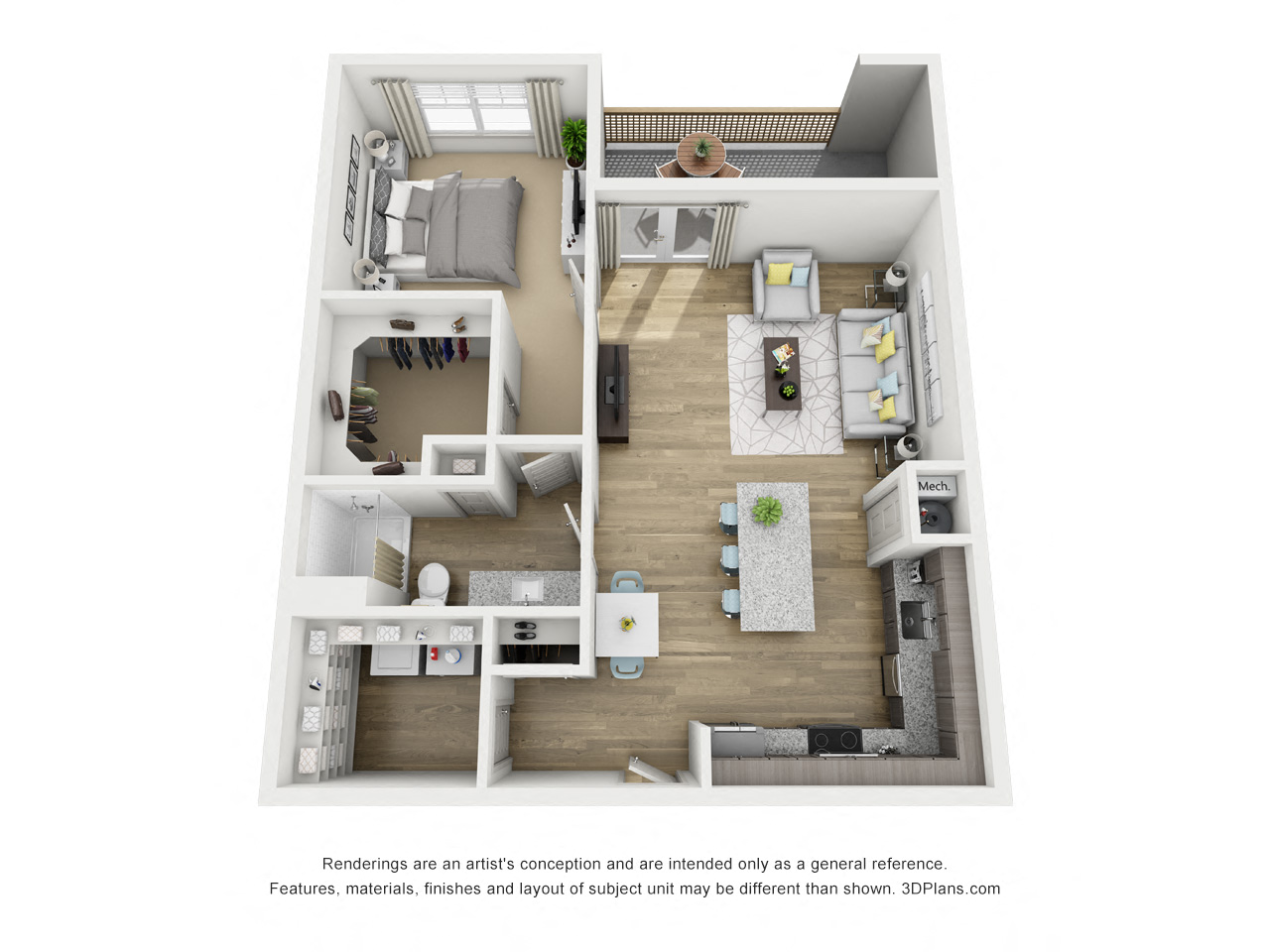 Floor plan for 1 bed, 1 bath, 843 sqft
